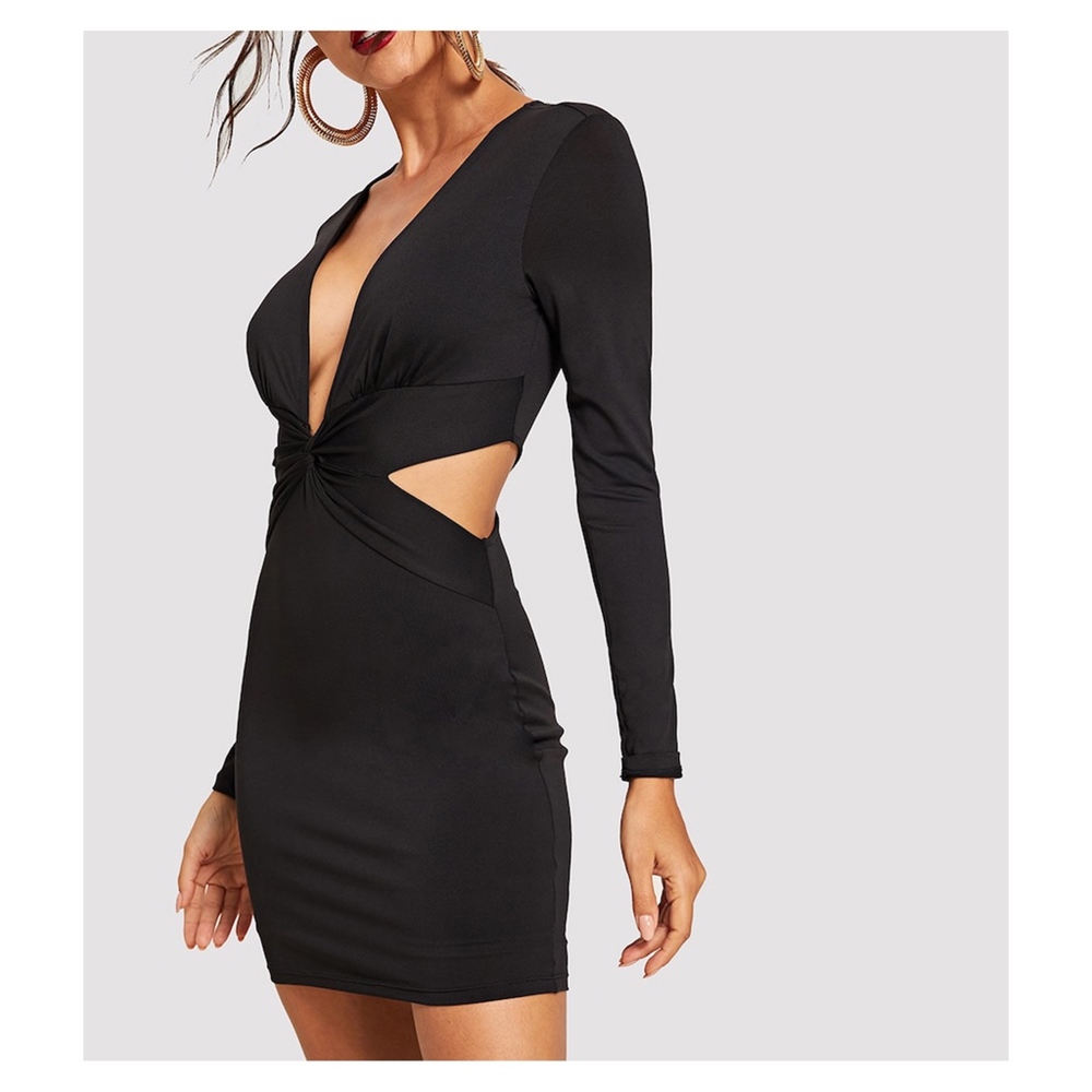 Black Bodycon Front Twist Cocktail Short Dress - Picture 3 of 5